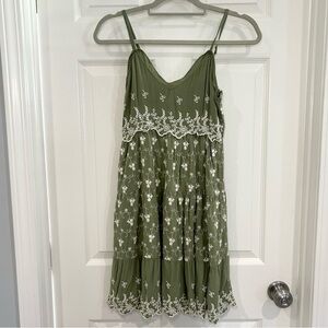 Jessica Simpson Green Embroidery Floral Boho Tiered V-Neck Tank Dress Sz S Lined